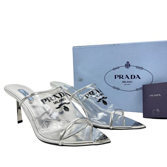 Prada Plex Transparent Pvc Triangle Logo Mule Sandals Silver Size 38.5 - Picture 2 of 10